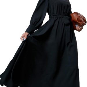 MakeMeChic Women's Round Neck Long Sleeve Belted L