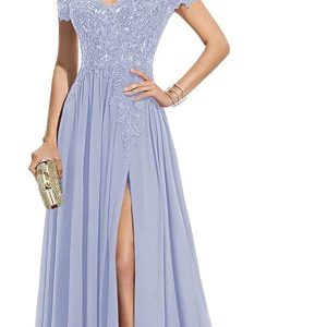 Off Shoulder Lace Prom Dresses with Slit Long Appl