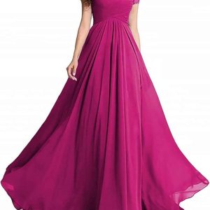 EEFZL Women's Chiffon Sheer Neck Beading Long A-Li