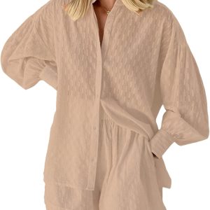 Fixmatti 2 Piece Casual Outfits Long Sleeve Button