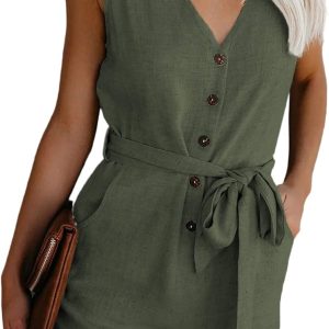 SHIPE Women Button Down Sleeveless Rompers V Neck