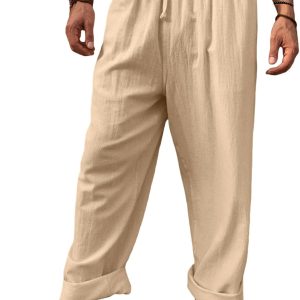 Mens Casual Linen Pants Loose Fit Lightweight Draw