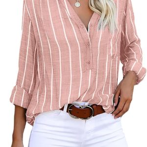 Astylish Womens V Neck Striped Roll up Sleeve Butt
