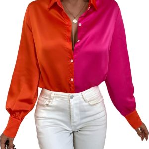 Avanova Women's Colorblock Long Sleeve Satin Blous