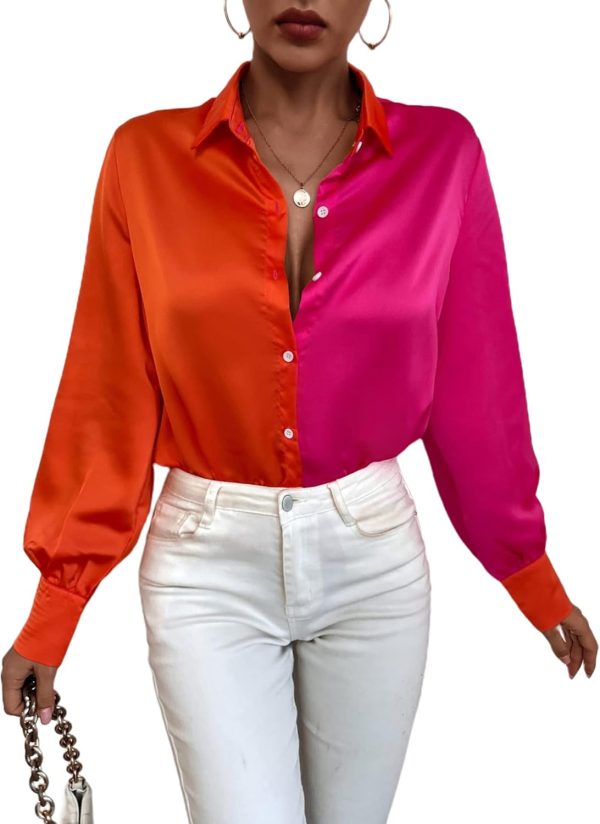 Avanova Women's Colorblock Long Sleeve Satin Blous