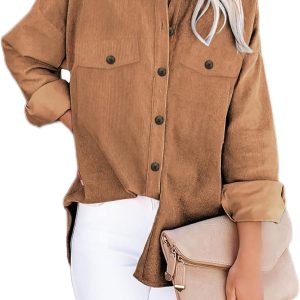 SHEWIN Womens Corduroy Long Sleeve Button Down Shi