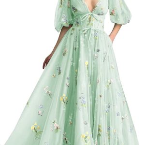 Fivsole Women's Puffy Sleeve Prom Dresses Flower L