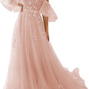 SHSUREVE Lace Appliques Tulle Prom Dresses for Tee