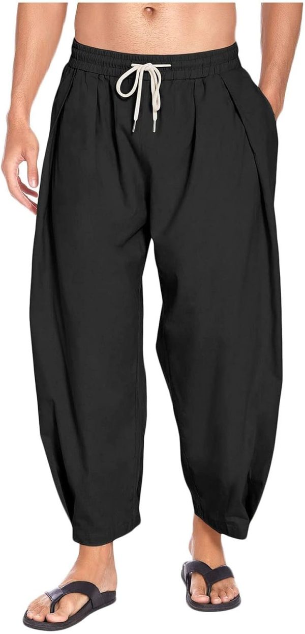 uSecee Mens Cotton Linen Harem Pants Drawstring El