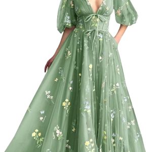 Wchecalino Womens Flower Embroidery Tulle Prom Dre