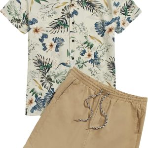 OYOANGLE Men's 2 Pieces Tropical Print Short Sleev