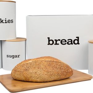 Stainless Steel Bread Box 8pc Set w Bamboo Cutting