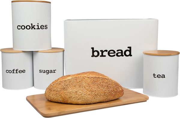 Stainless Steel Bread Box 8pc Set w Bamboo Cutting