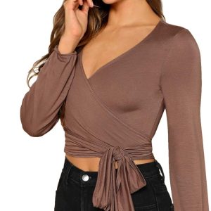 SheIn Women's Deep V Neck Knot Front Long Sleeve W