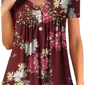 Summer Womens Tunic Tops Round Neck Button Down Sh