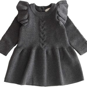 Baby Girls Ruffle Knit Dress Long Sleeve Belted Ri