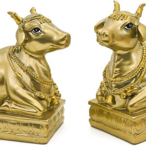 Hindu Nandi Holy Cow Statues - 2PCS Gold Nandi Cow
