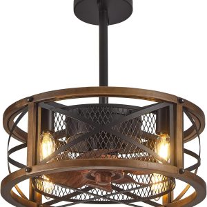 Caged Ceiling Fan with Light,Farmhouse Low Profile