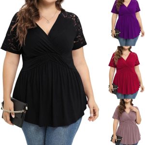 Womens Plus Size Tunic Tops Casual Wrap V-Neck Blo