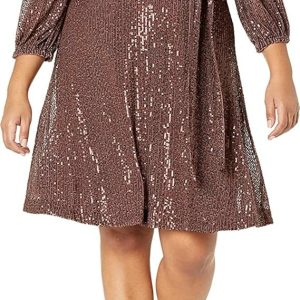 DKNY Women's Long Sleeve Sequin Surplice Faux Wrap