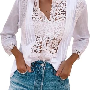 QFVZHY Women's Basic Shirts Light Lace Patchwork H