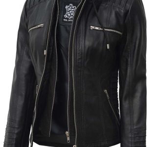 Decrum Hooded Leather Jacket Women - 100 Real Lam