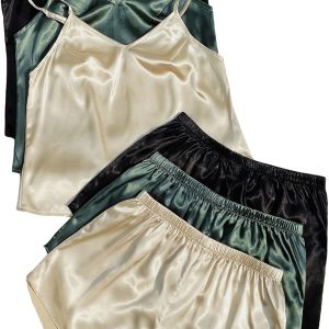 SheIn Women's 3 Sets Satin Pajama Set Sleeveless C