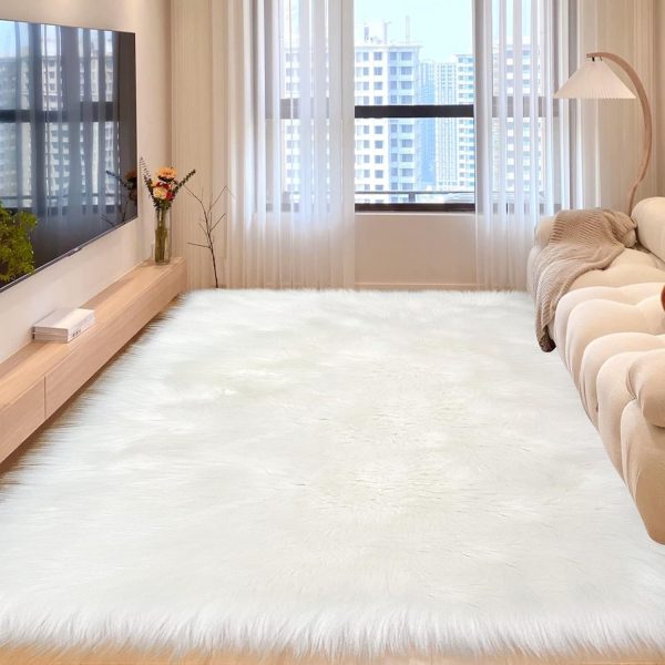 White Faux Fur Rug 6x9 Feet Fluffy Area Rug for Li