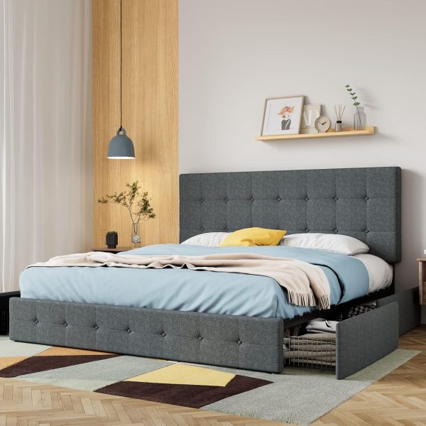 SHA CERLIN Upholstered King Platform Bed Frame wit