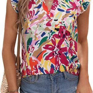 Floerns Women's Striped Notched V Neck Ruffle Cap