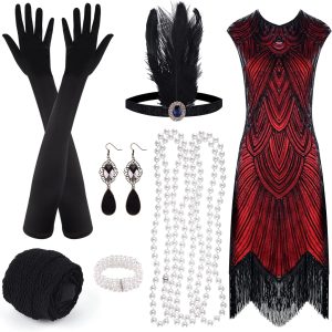 PLULON 1920s Sequin Beaded Fringed Flapper Dress w
