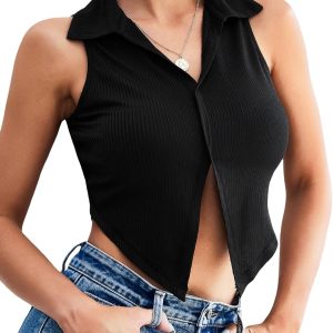 SheIn Women's Collar Polo Crop Tops Sleeveless V N