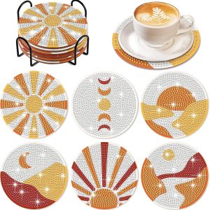 6 Pcs Boho Diamond Painting Coasters with Holder D