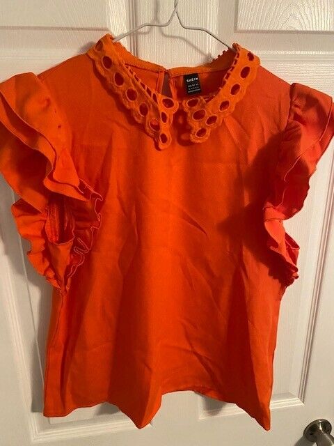 SHEIN Floral Orange Sheer Blouse, Womens L, 8/10