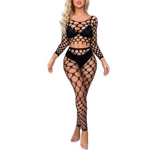 US Womens Two Piece Fishnet Long Sleeve Crop Top a